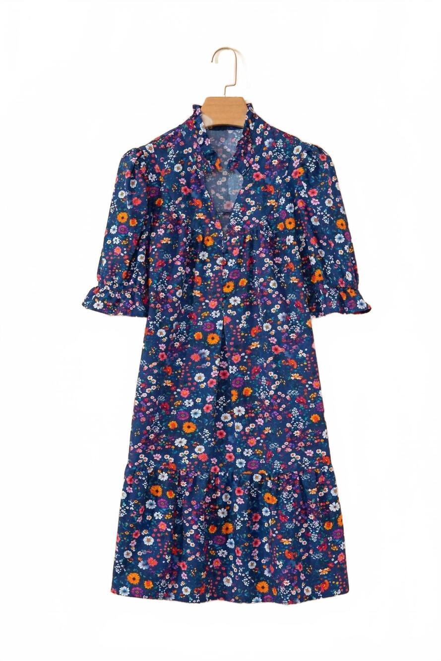 NEW PRETTY BASH floral split neck puff sleeve mini dress in blue - Picture 2 of 5